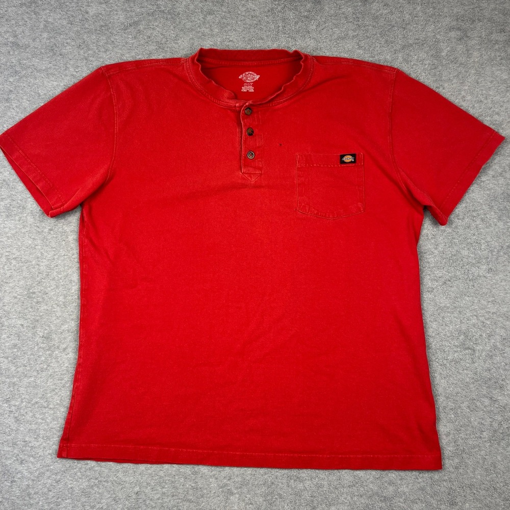 Dickies Henley Shirt Mens XLT Red Short Sleeve Pocket Workwear Casual Cotton